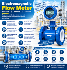 ### Electromagnetic Flow Meters We are suppliers and exporters of **Electromagnetic Flow Meters** for accurate measurement of conductive liquids in water, wastewater, chemical, oil & gas, and industrial applications. These meters provide reliable, low-maintenance flow measurement with excellent accuracy and no moving parts. 