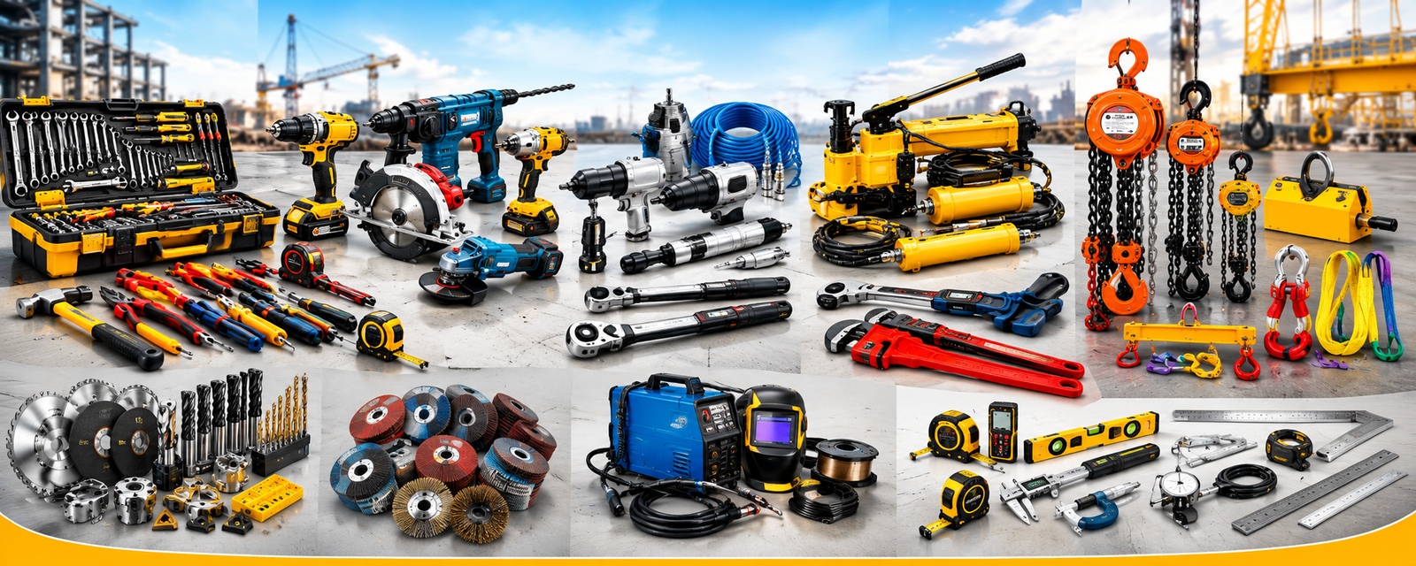 We are suppliers and exporter of Hand Tools Power Tools Pneumatic Tools Hydraulic Tools Torque Wrenches Pipe Wrenches Chain Blocks Lifting Equipment Cutting Tools Grinding Tools Welding Equipment Measuring Tools make descrption